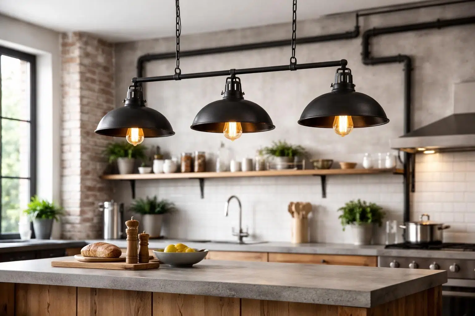 découvrez notre suspension style industriel à 3 lampes, le luminaire parfait pour sublimer votre îlot avec une touche moderne et chaleureuse.