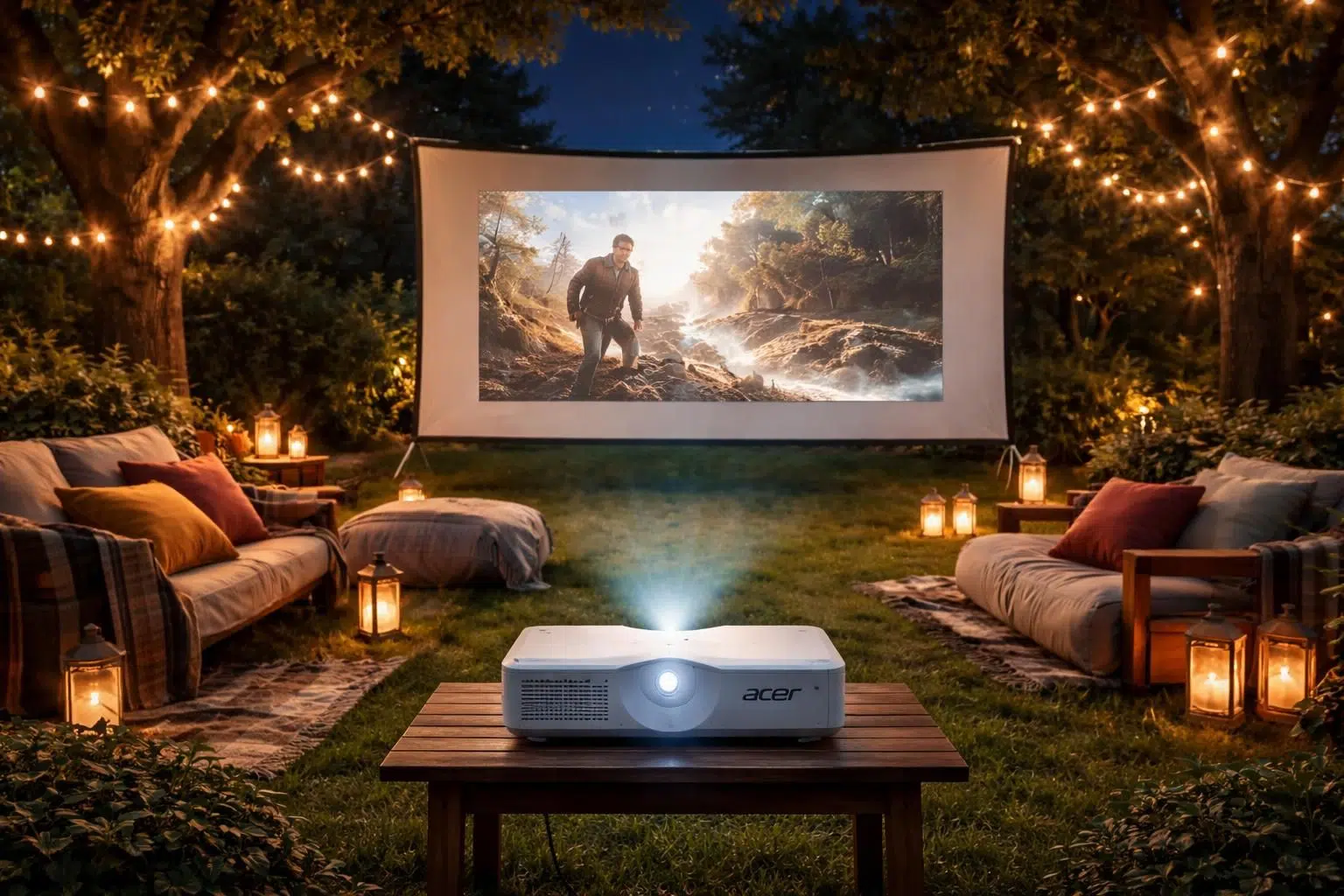profitez d'une soirée jardin inoubliable avec un film en plein air grâce au vidéoprojecteur acer, pour une expérience cinématographique unique sous les étoiles.