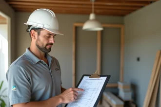 Artisan en casque blanc examinant un devis travaux sur un chantier de rénovation de cuisine