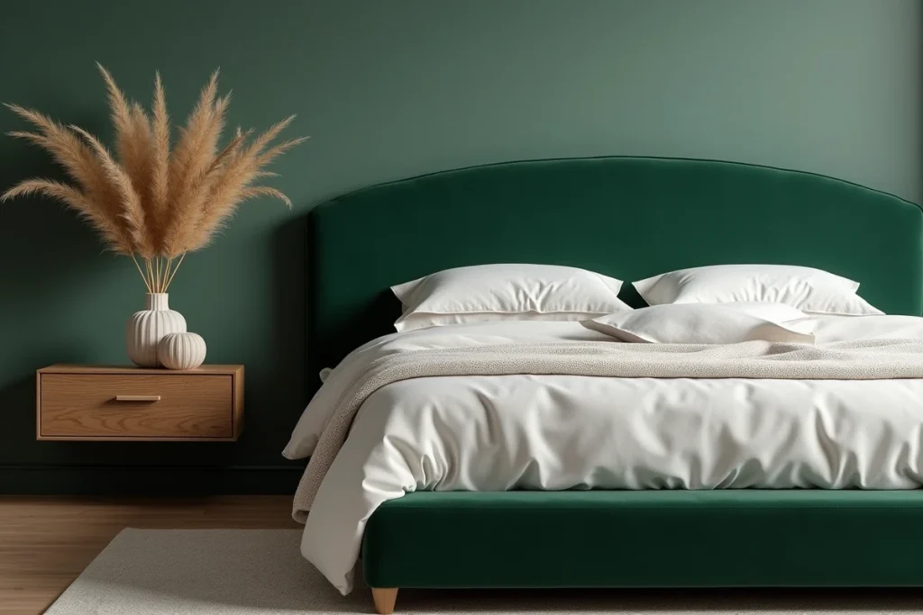 Chambre tendance 2026 avec tête de lit velours vert forêt, literie blanche et table de chevet en chêne fumé dans un showroom de meubles