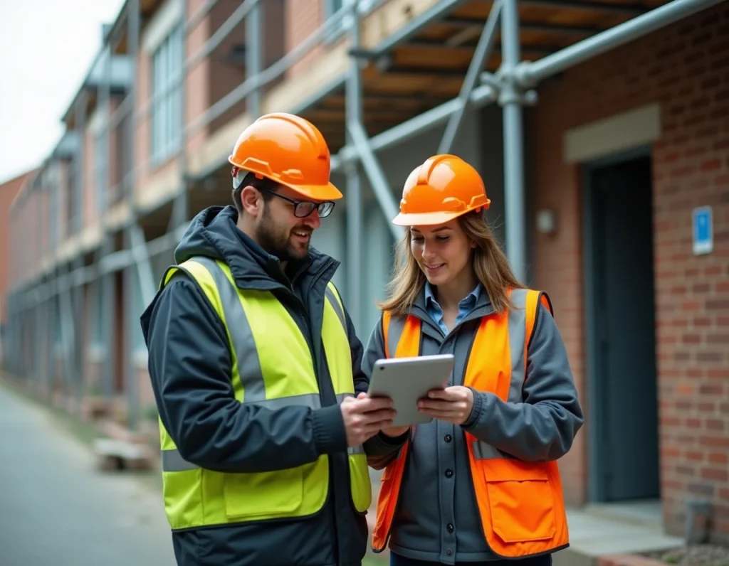 Chef de projet et architecte comparant des devis travaux sur tablette devant un chantier de rénovation