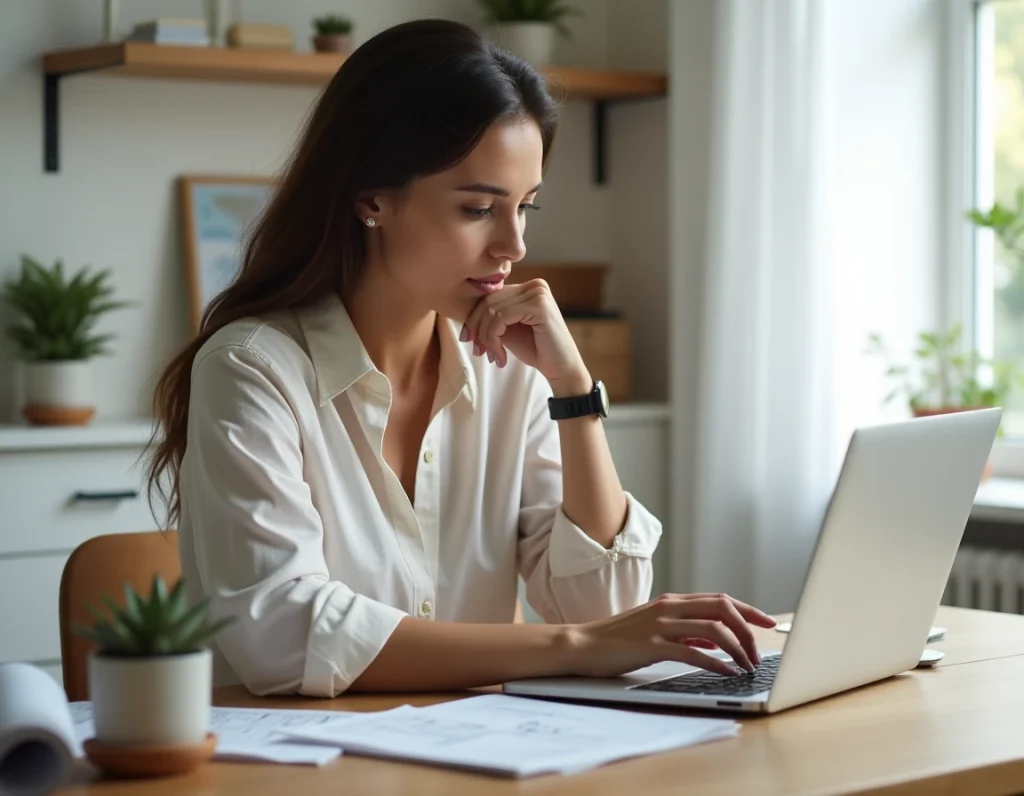 Femme consultant une plateforme de devis travaux en ligne depuis son bureau à domicile
