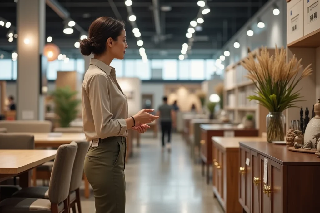 Femme admirant un buffet en noyer avec poignées laiton dans un magasin de meubles tendance 2026