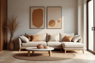 Salon meublé style scandinave tendance 2026 avec canapé boucle beige, table basse en travertin et décoration en tons terres cuites