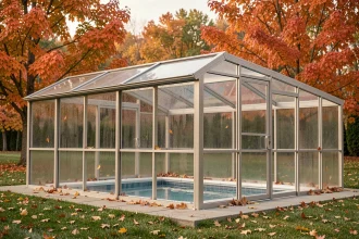 Abri de piscine en aluminium et verre dans un jardin en automne avec des feuilles colorées autour de la piscine couverte