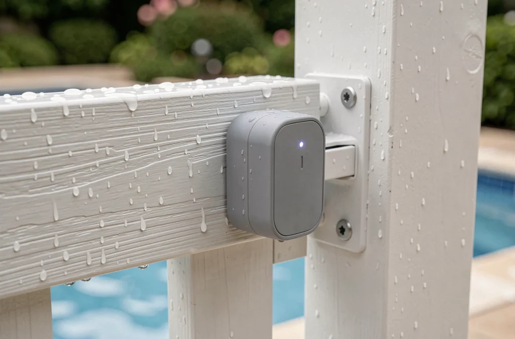 Alarme de piscine montée sur le loquet d'un portillon de sécurité en bois blanc avec gouttes d'eau visibles