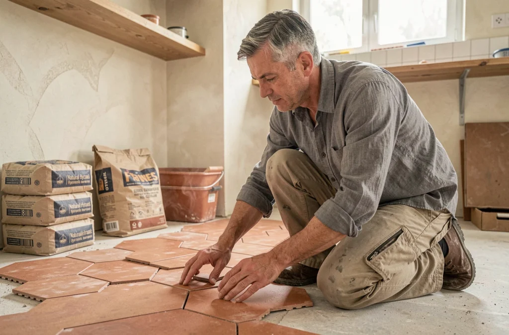 Artisan posant des carreaux en terre cuite naturelle dans une cuisine en rénovation écologique