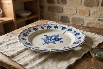 Assiette ancienne de Moustiers-Sainte-Marie en faïence bleue et blanche avec une fêlure visible et une usure de l'émail, posée sur du lin avec une loupe d'expert
