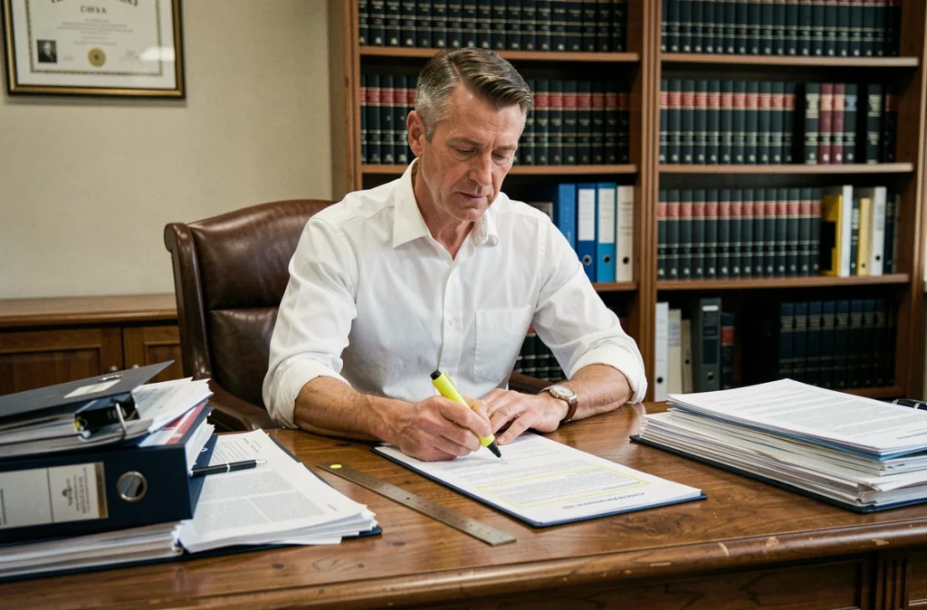 Avocat spécialisé en droit immobilier analysant les clauses d'un contrat de construction