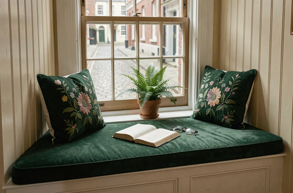Banquette de lecture intégrée sous une fenêtre à guillotine avec velours vert, coussins brodés et livre ouvert