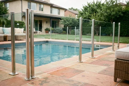 Barrière de piscine en verre trempé avec poteaux en inox autour d'une piscine résidentielle moderne dans un jardin verdoyant