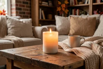 Bougie fausse flamme LED posée sur une table basse en bois rustique dans un salon chaleureux avec plaid et coussins