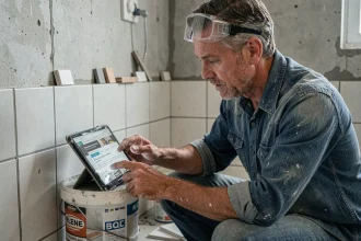Bricoleur consultant un forum de conseils maison sur tablette pendant des travaux de carrelage en salle de bain