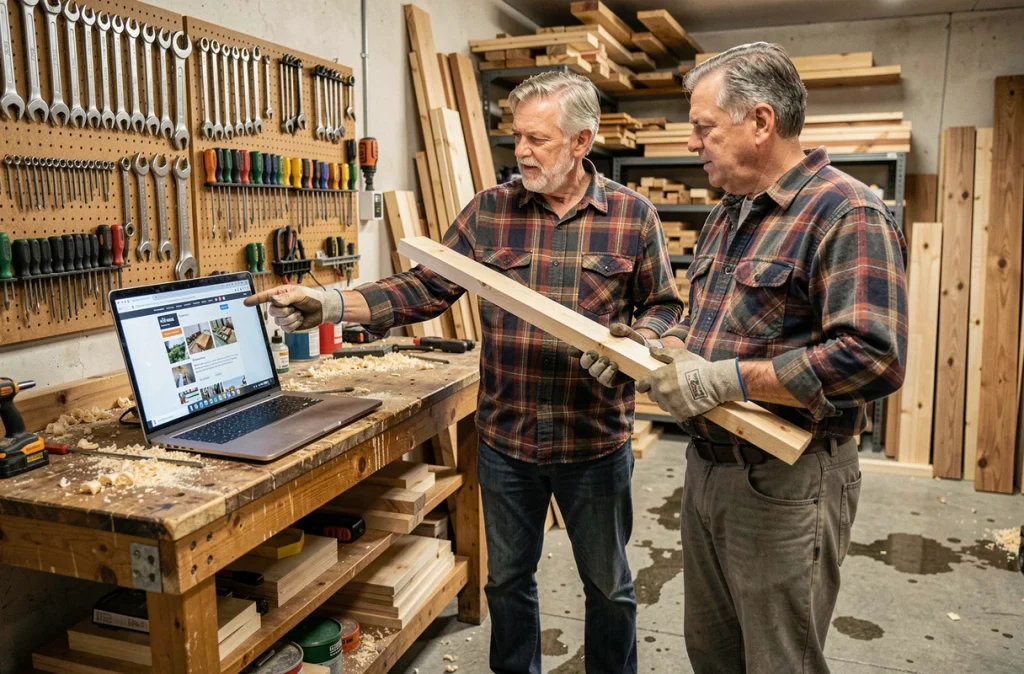 Deux bricoleurs expérimentés comparant des conseils de forum bricolage sur un ordinateur portable dans un atelier de garage
