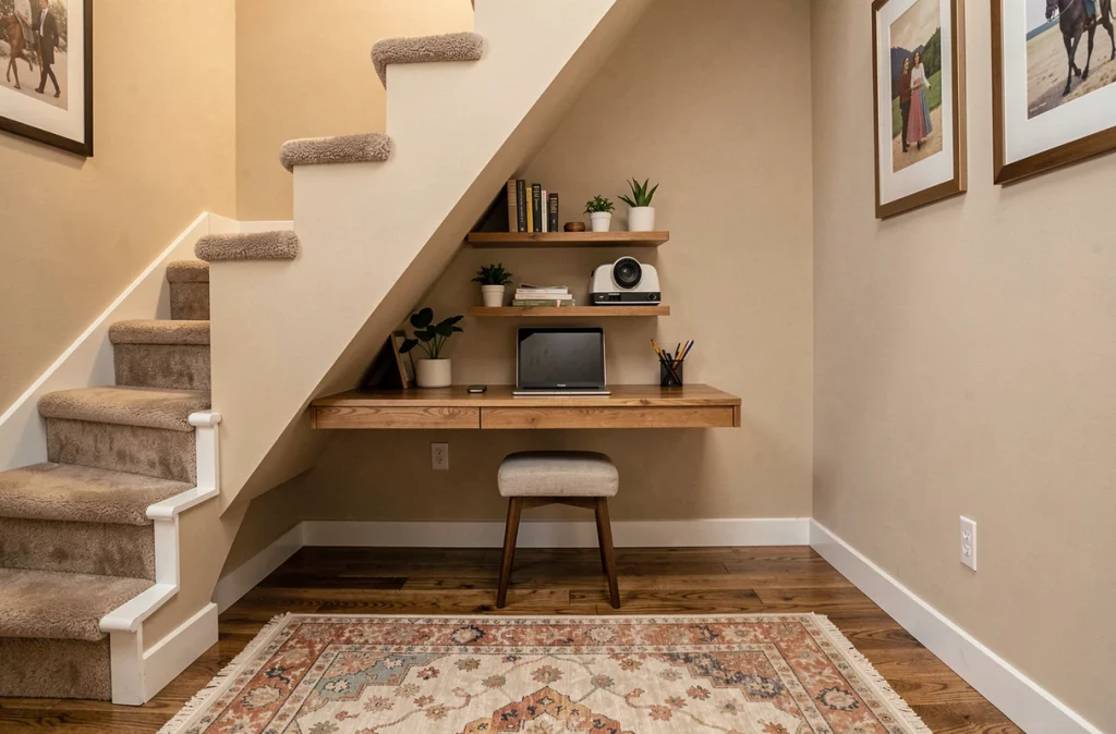 Espace bureau aménagé sous un escalier avec bureau intégré, étagères et plantes dans un intérieur chaleureux
