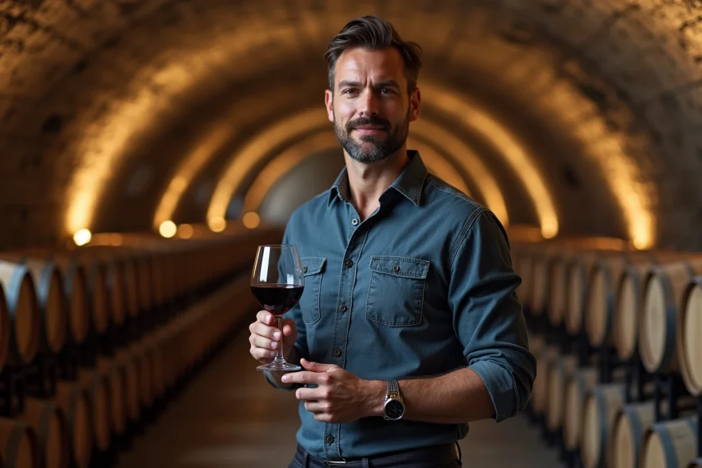Vigneron présentant les fûts de chêne dans les caves historiques du domaine Bois d'Ormes