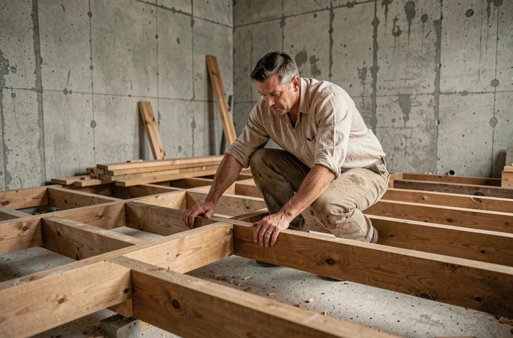 Charpentier inspectant des solives en chêne lors de la pose d'un plancher en construction