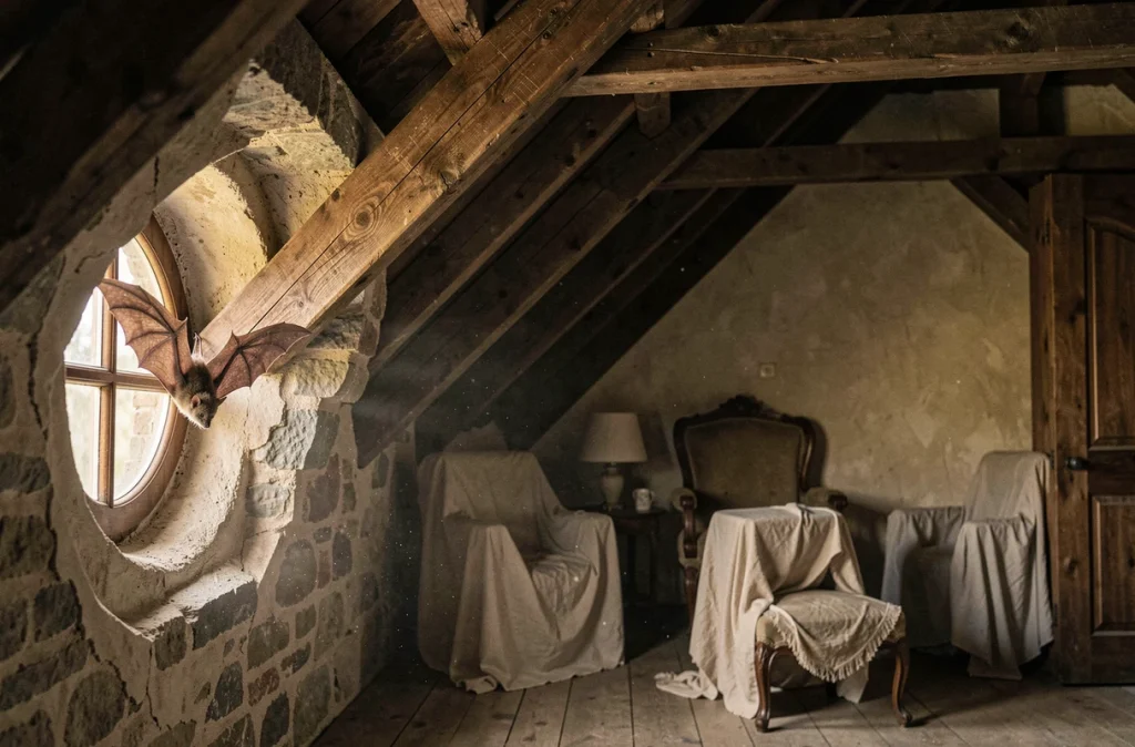 Chauve-souris accrochée à un mur de pierre dans un grenier ancien au symbolisme ésotérique