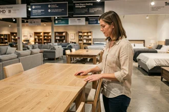 Cliente en train d'examiner une table en bois dans un grand magasin de meubles BUT, vue en plan trois quarts