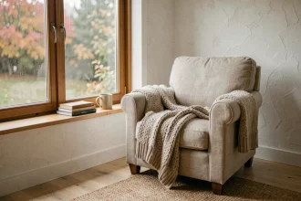 Coin lecture cosy aménagé près d'une fenêtre avec fauteuil en lin, plaid en laine et livres posés sur le rebord