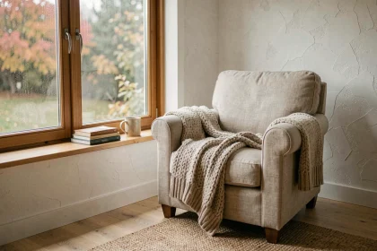 Coin lecture cosy aménagé près d'une fenêtre avec fauteuil en lin, plaid en laine et livres posés sur le rebord