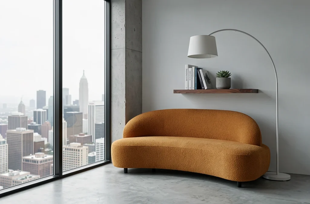 Coin lecture minimaliste dans un appartement moderne avec canapé boucle caramel, lampe arquée et vue sur la ville