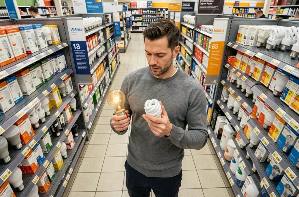 Homme comparant une ampoule incandescente et une ampoule basse consommation dans un magasin de bricolage