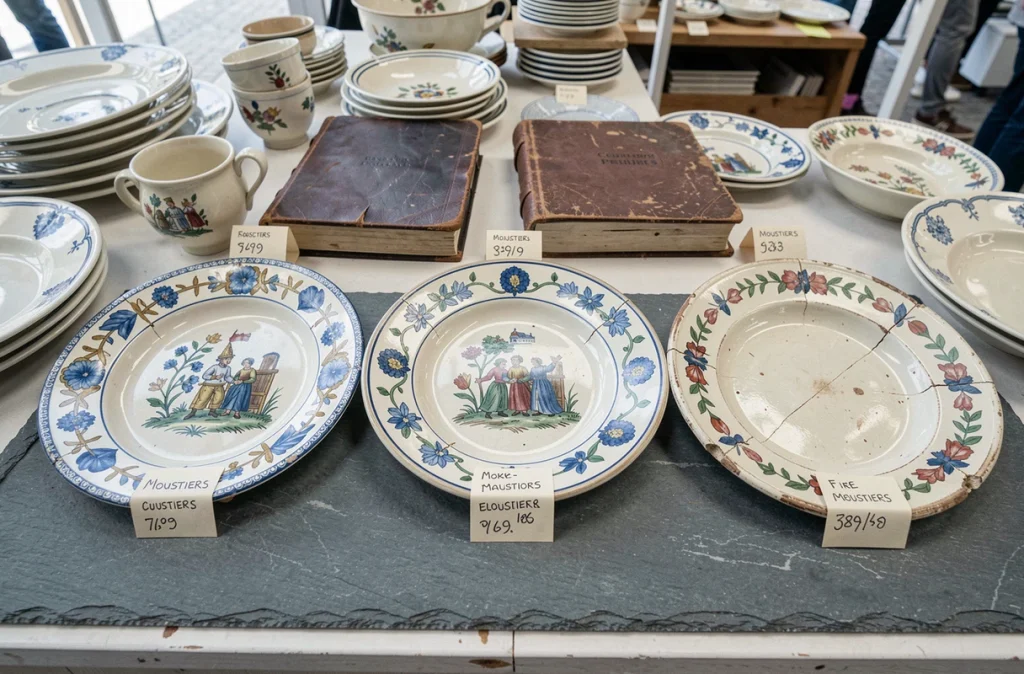 Trois assiettes de Moustiers anciennes côte à côte sur un marché aux antiquités montrant des états de conservation variés et leur impact sur la valeur