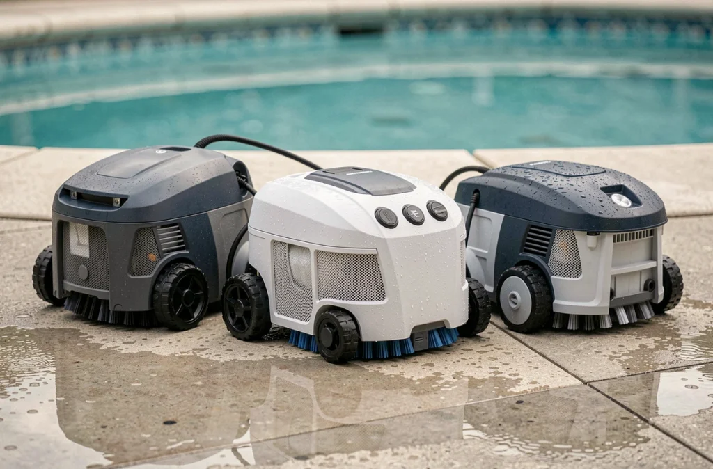 Comparatif de trois modèles de robots de piscine posés côte à côte sur le bord d'une piscine, détails des brosses et filtres visibles