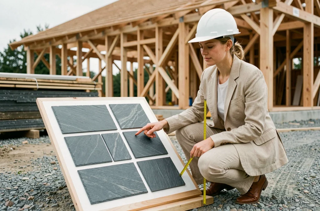 Consultante en architecture examinant des échantillons d'ardoises de différents formats sur un chantier de toiture, tableau de sélection de matériaux