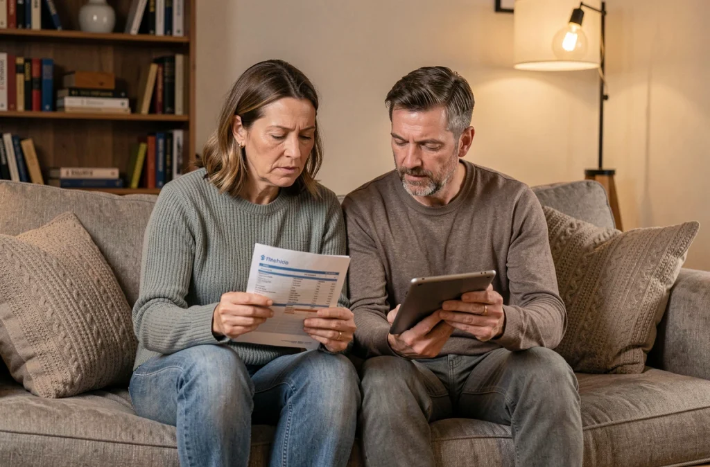 Couple analysant leur consommation d'énergie à la maison après avoir adopté des ampoules basse consommation
