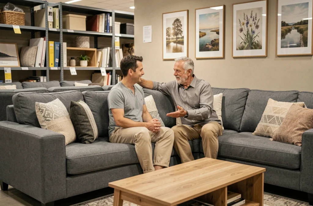 Couple assis sur un canapé d'angle gris dans un showroom de magasin BUT, discutant de leur achat