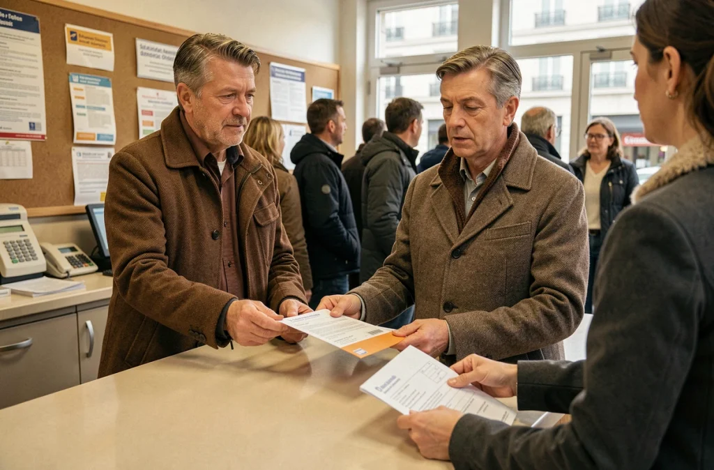 Couple déposant des formulaires de changement d'adresse à La Poste avant leur déménagement