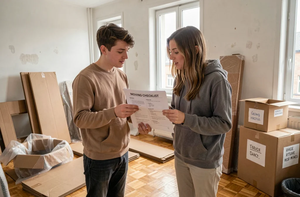 Jeune couple consultant une liste de contrôle de déménagement entouré de meubles démontés et de cartons étiquetés