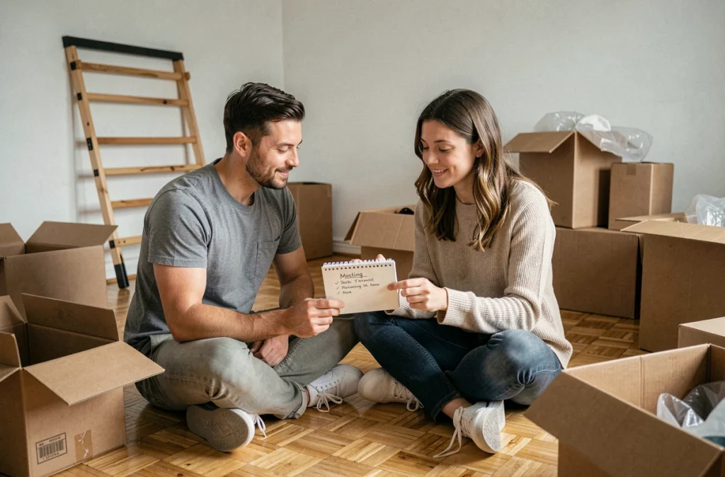 Couple consultant une liste pour organiser les cartons de déménagement