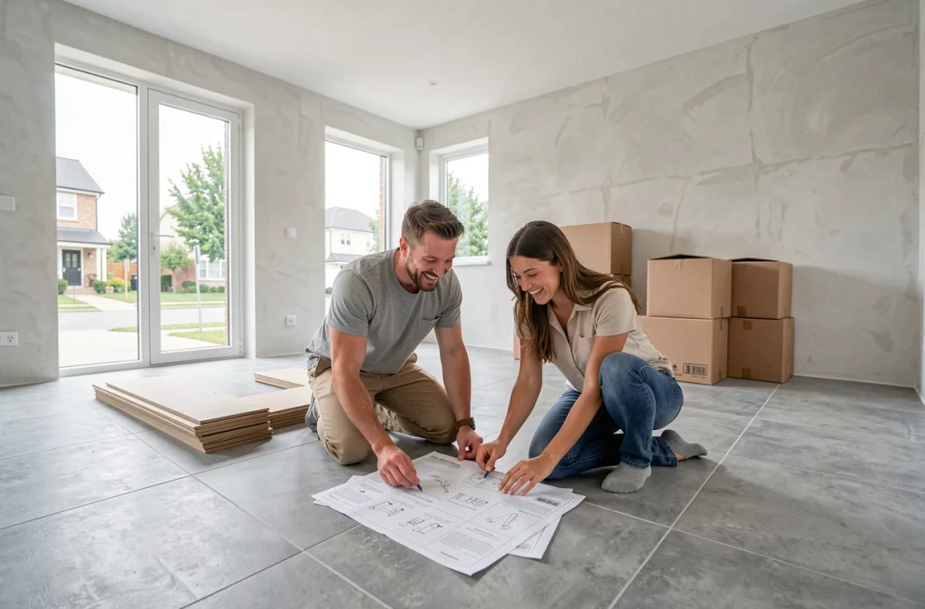 Couple assemblant des meubles dans le salon vide d'un logement neuf lors de l'emménagement