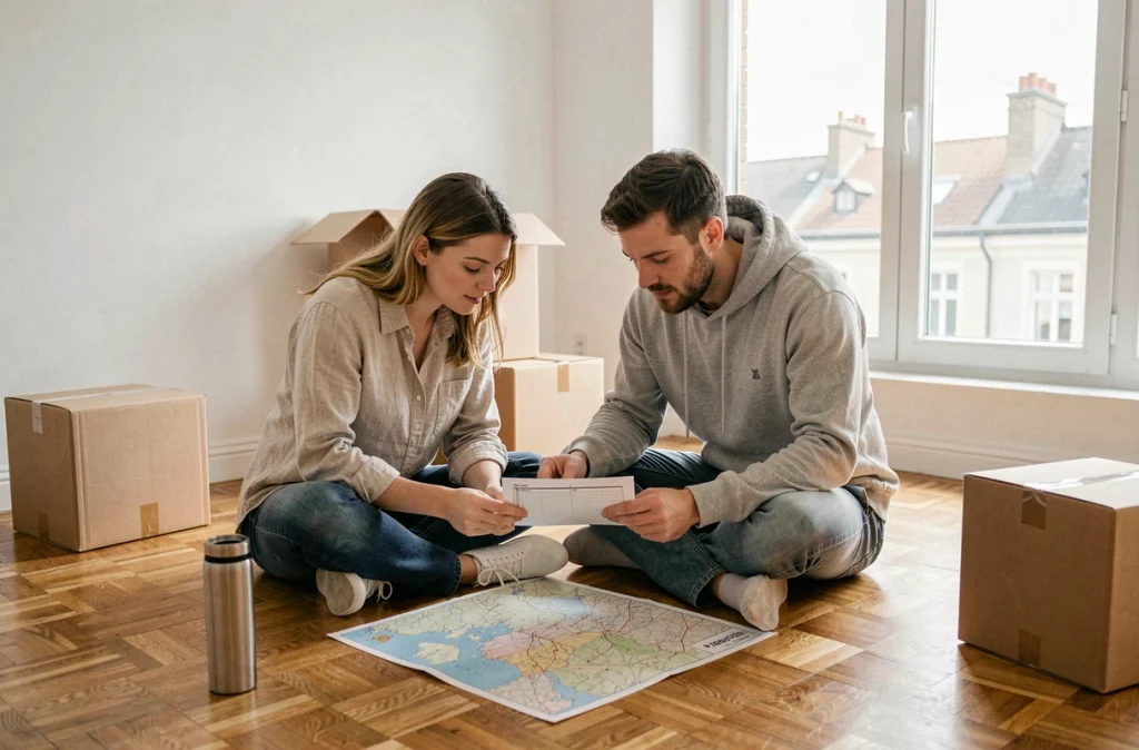 Couple consultant une carte et une liste dans leur nouvel appartement vide après un déménagement en région
