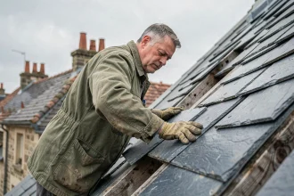 Couvreur posant une ardoise de grande taille sur un toit en pente en pierre, format de pose traditionnel en milieu rural français