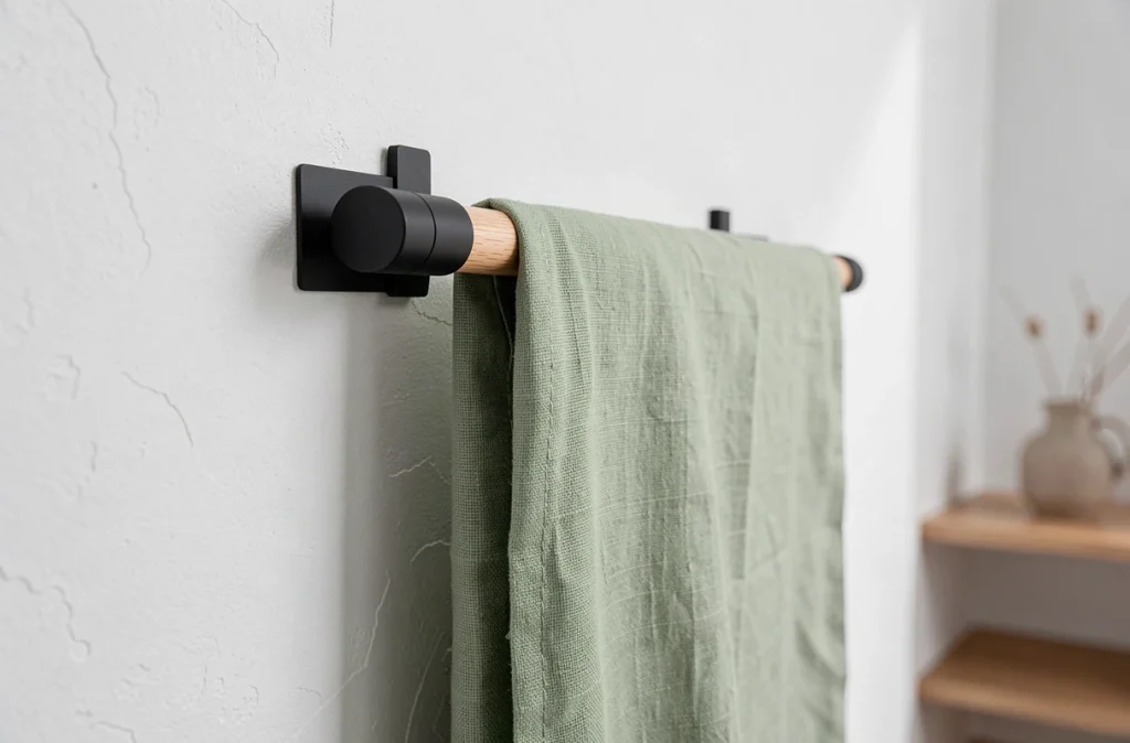 Gros plan sur crochets adhésifs pour rideau japonisant fixés sur mur sans perçage