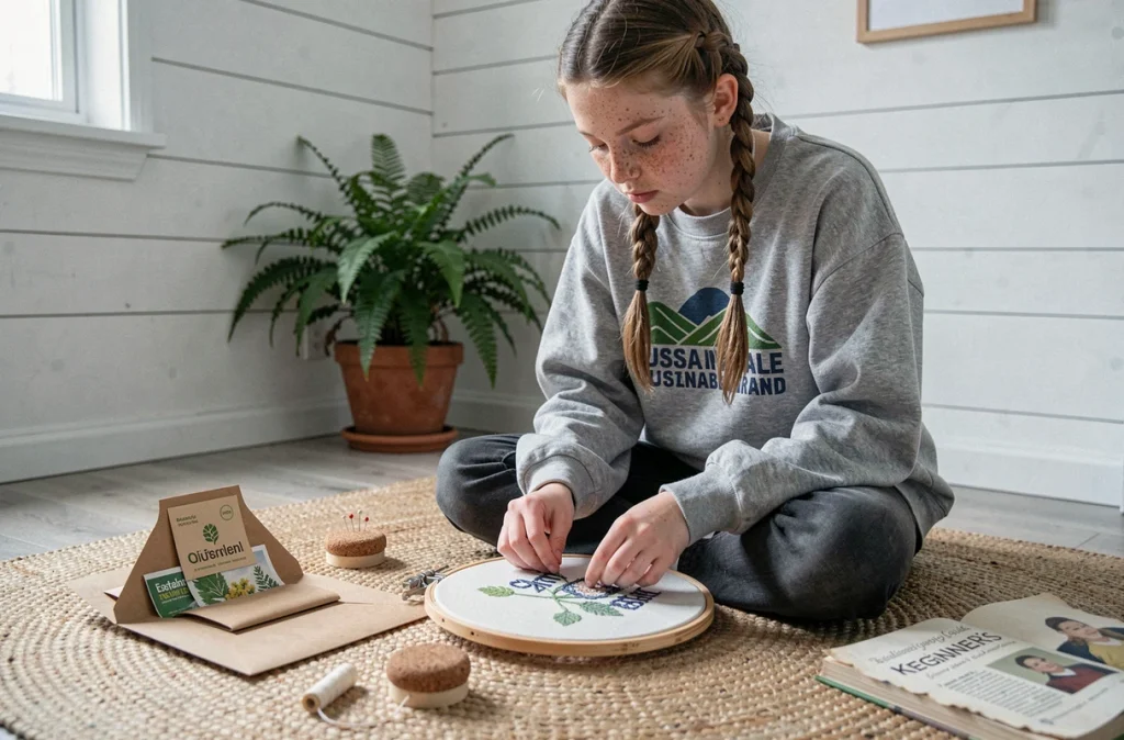Adolescente débutante en broderie assise sur un tapis en jute avec un kit écologique en bambou dans une chambre minimaliste