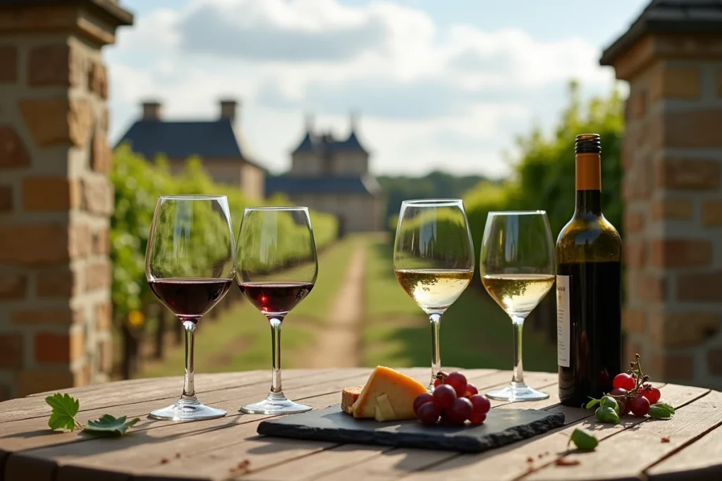 Dégustation de vins locaux sur une terrasse en pierre au domaine viticole de Bois d'Ormes
