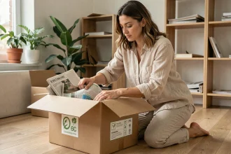 Femme emballant des objets fragiles dans du papier journal recyclé lors d'un déménagement écologique