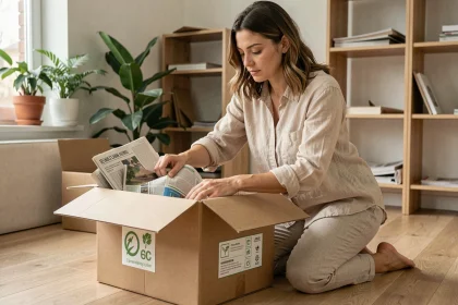 Femme emballant des objets fragiles dans du papier journal recyclé lors d'un déménagement écologique