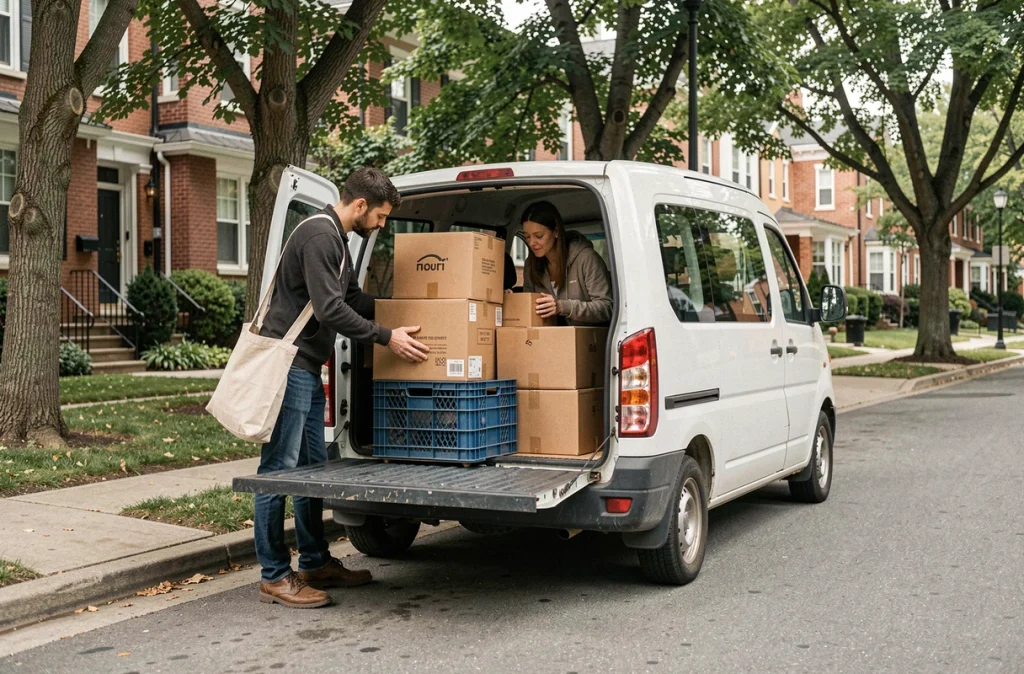 Couple chargeant des caisses réutilisables dans un véhicule électrique lors d'un déménagement responsable