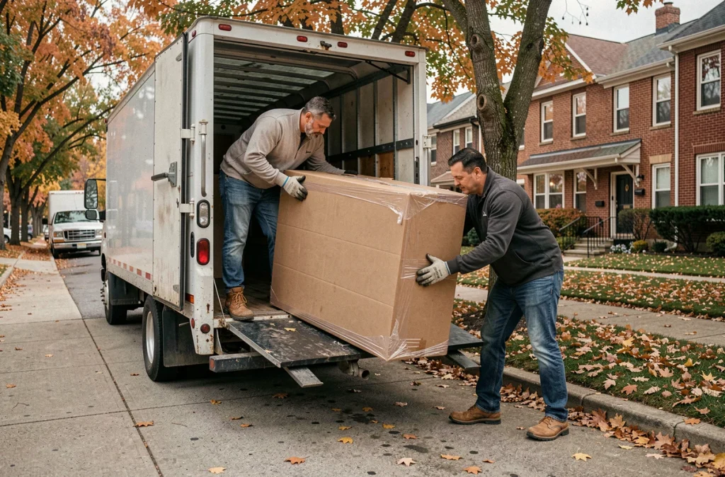 Déménageurs chargeant une armoire emballée dans un camion de déménagement dans une rue résidentielle en automne