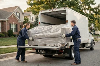 Deux déménageurs professionnels portant un canapé emballé vers un camion de déménagement blanc dans une rue résidentielle