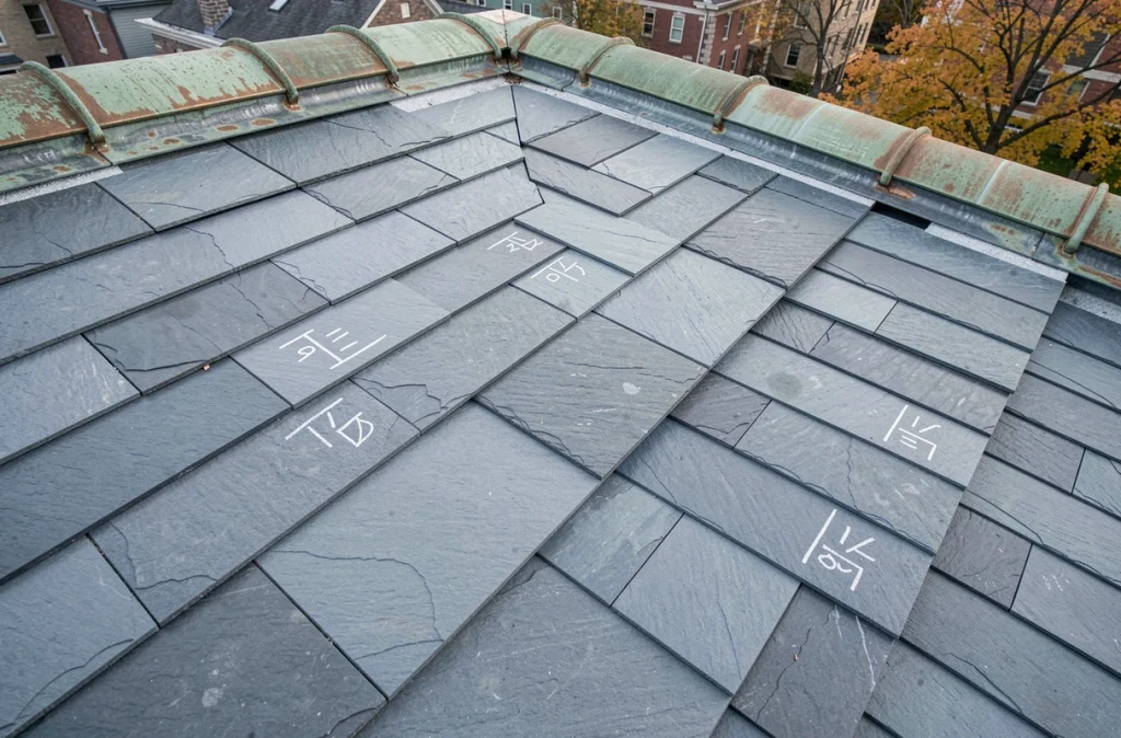 Détail de pose d'ardoises en différents formats sur un toit résidentiel urbain, alignement précis et recouvrement des rangs