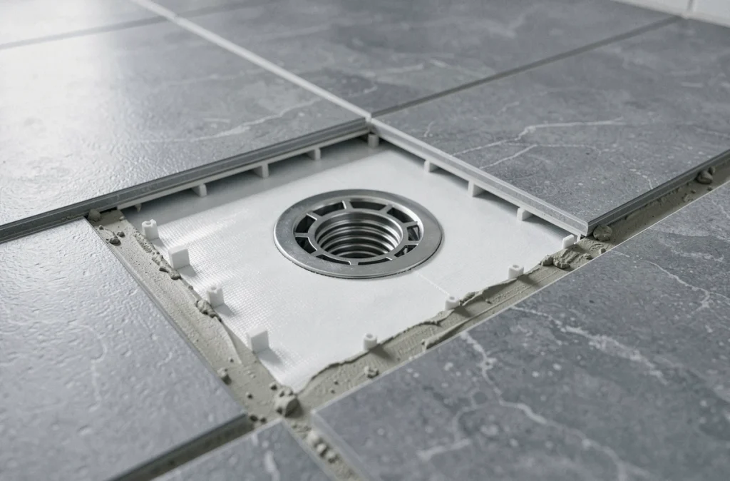 Détail de la pose d'un receveur de douche extra plat avec bonde et carrelage grand format autour