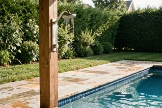 Douche extérieure en inox installée à côté d'une piscine avec terrasse en pierre naturelle et haie verte en arrière-plan