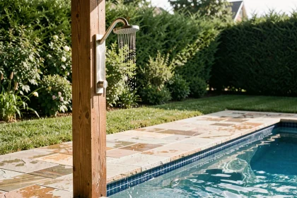 Douche extérieure en inox installée à côté d'une piscine avec terrasse en pierre naturelle et haie verte en arrière-plan
